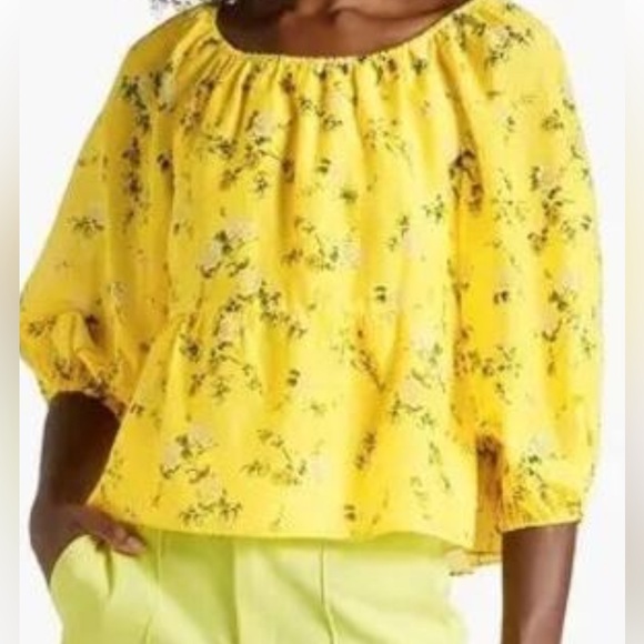 Alice + Olivia Alta Off The Shoulder Top M Yellow Floral Silk Blend Tiered lined - Picture 1 of 9